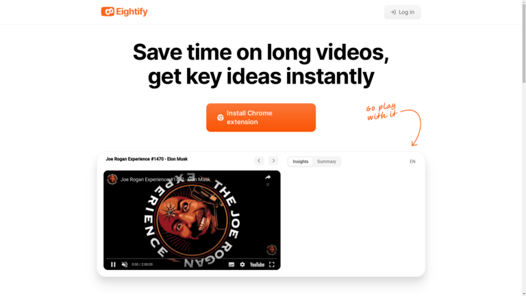 Capture d'écran de la page du site de Eightify