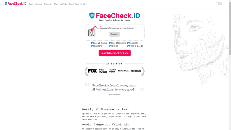 Capture d'écran de la page du site de FaceCheck ID