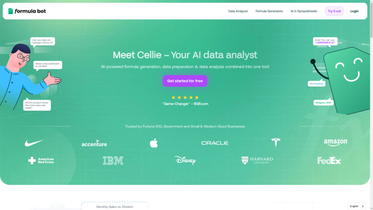 Capture d'écran de la page du site de Excel Formula Bot