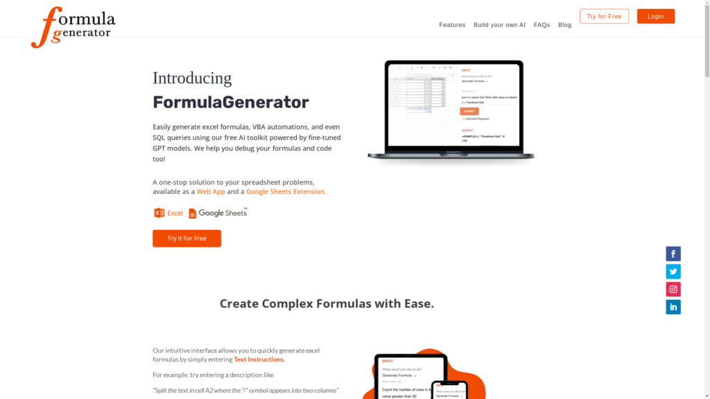 Capture d'écran de la page du site de Formula Generator