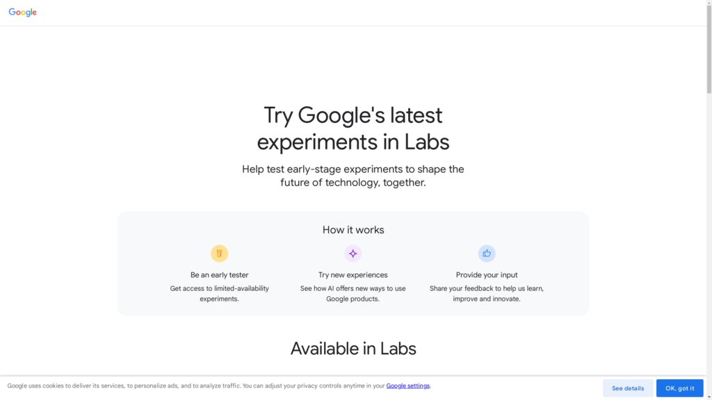Capture d'écran de la page du site de AI Experiments