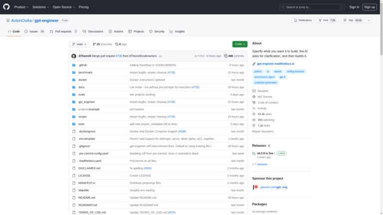 Capture d'écran de la page du site de GPT Engineer