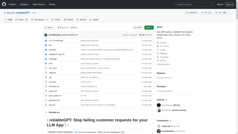 Capture d'écran de la page du site de ReliableGPT