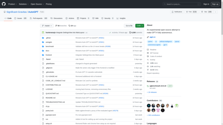 Capture d'écran de la page du site de Auto GPT
