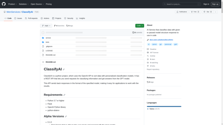 Capture d'écran de la page du site de ClassifyAI