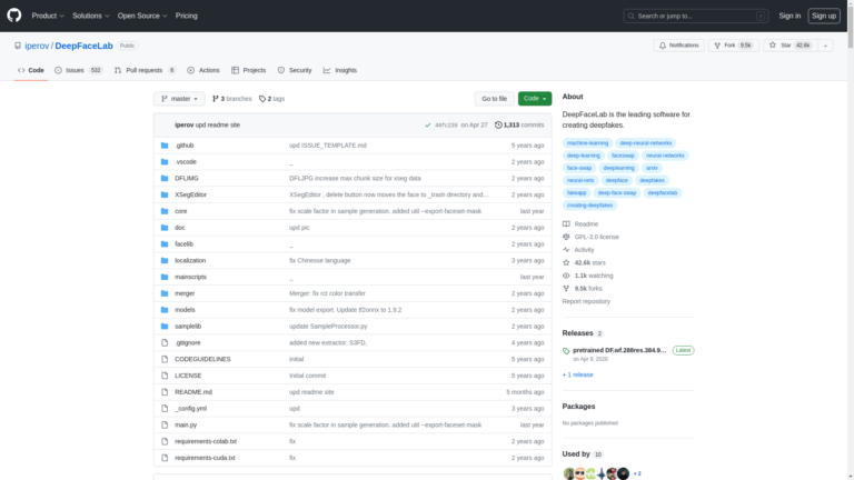Capture d'écran de la page du site de DeepFaceLab