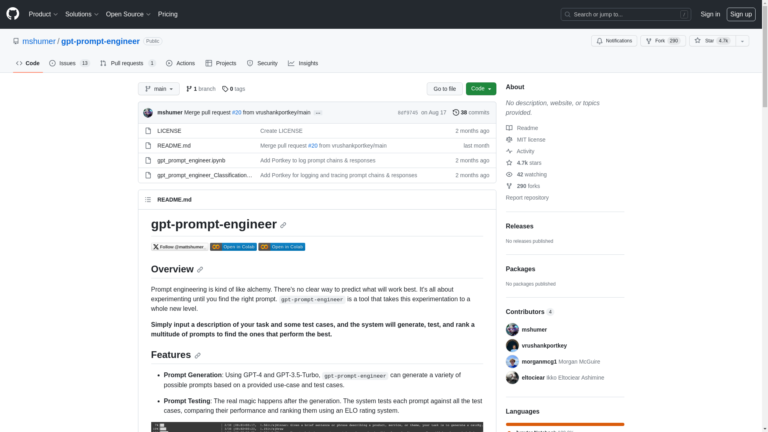 Capture d'écran de la page du site de GPT Prompt Engineer