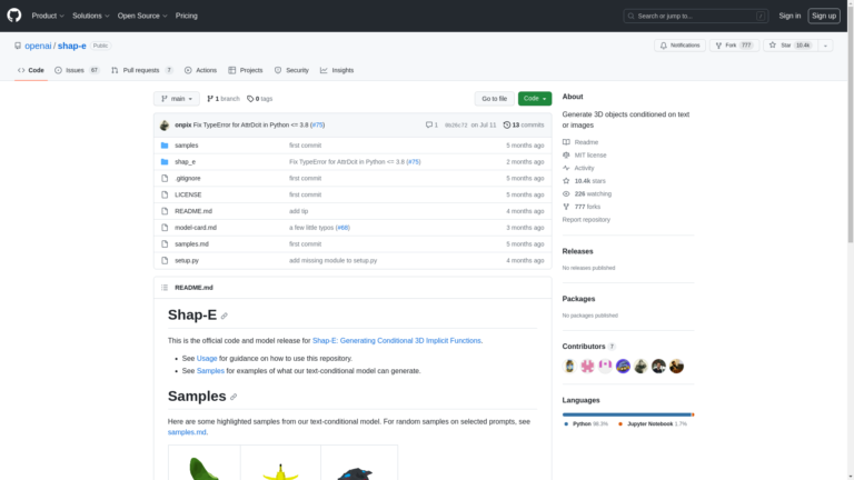 Capture d'écran de la page du site de Shap-e