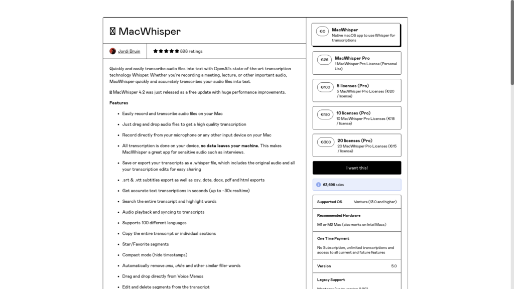 Capture d'écran de la page du site de Macwhisper