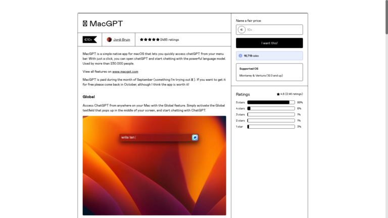 Capture d'écran de la page du site de MacGPT