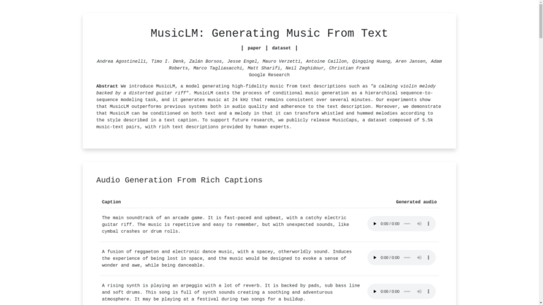 Capture d'écran de la page du site de MusicLM