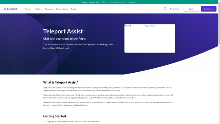 Capture d'écran de la page du site de Teleport Assist