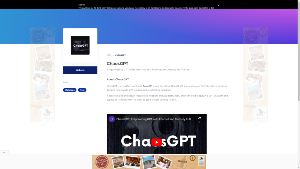 Capture d'écran de la page du site de Chaosgpt