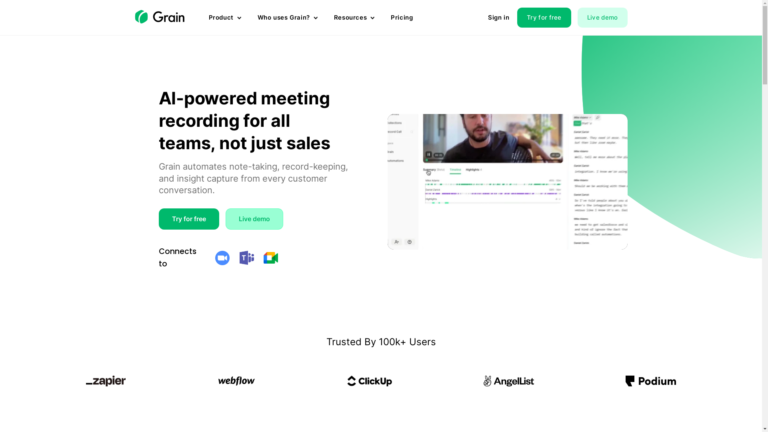 Capture d'écran de la page du site de Grain