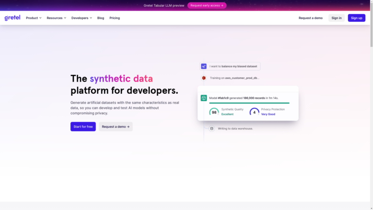 Capture d'écran de la page du site de Gretel.ai