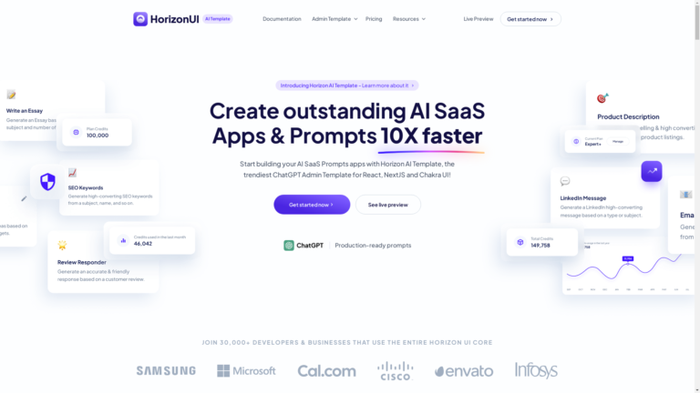 Capture d'écran de la page du site de Horizon AI Template