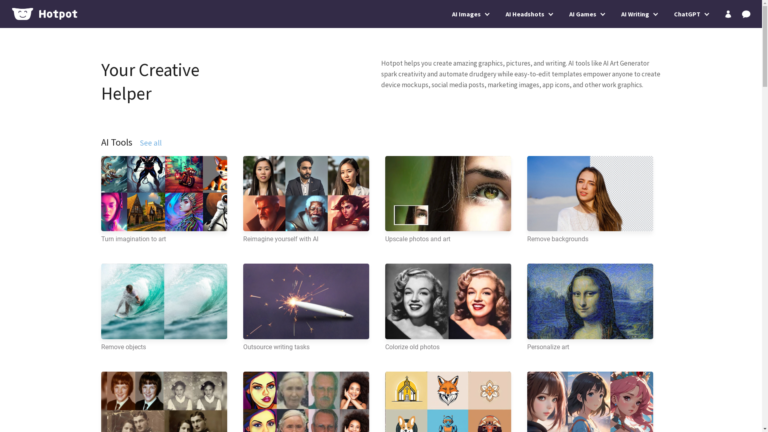 Capture d'écran de la page du site de Hotpot.ai