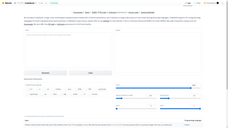 Capture d'écran de la page du site de CodeGeeX