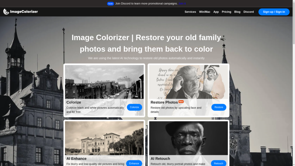 Capture d'écran de la page du site de Imagecolorizer