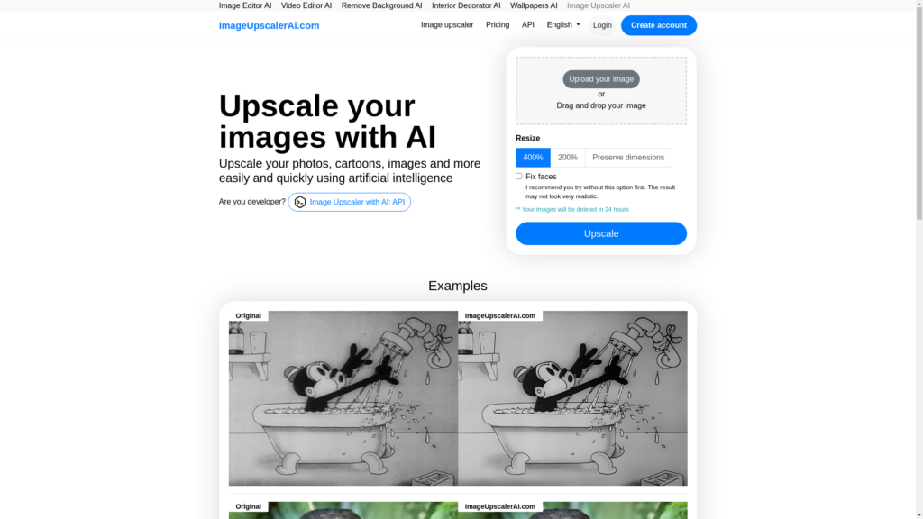 Capture d'écran de la page du site de Image Upscaler