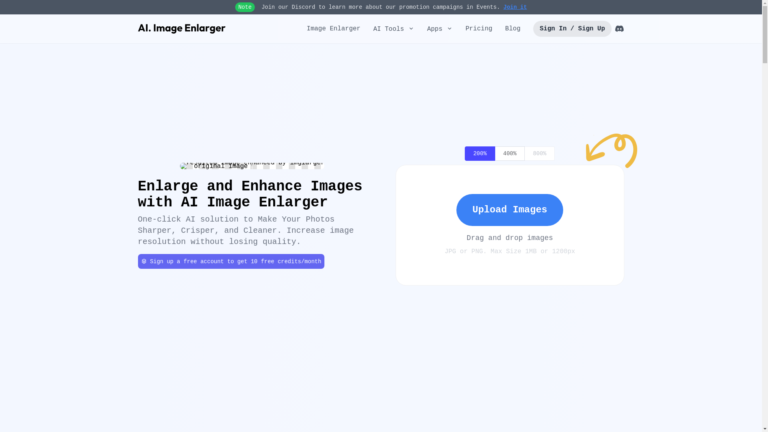Capture d'écran de la page du site de AI. Image Enlarger