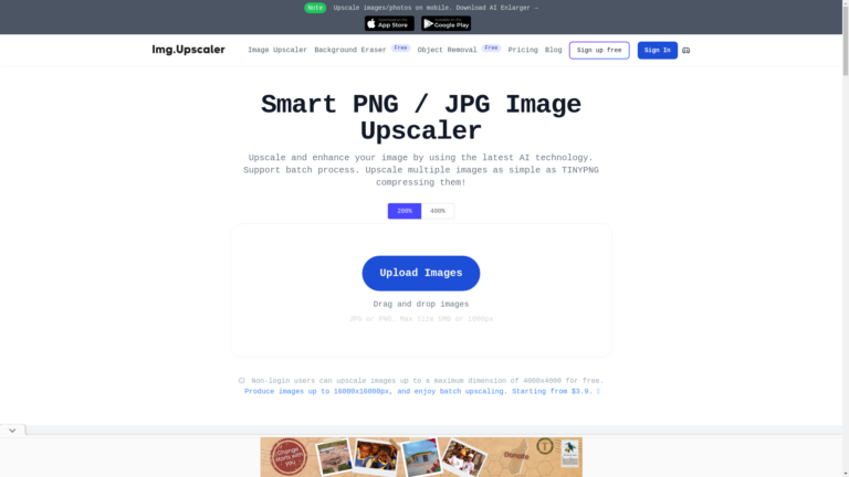 Capture d'écran de la page du site de Img Upscaler