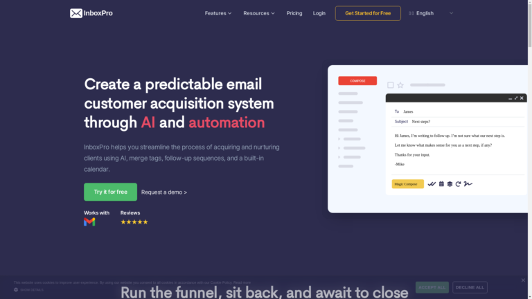Capture d'écran de la page du site de InboxPro