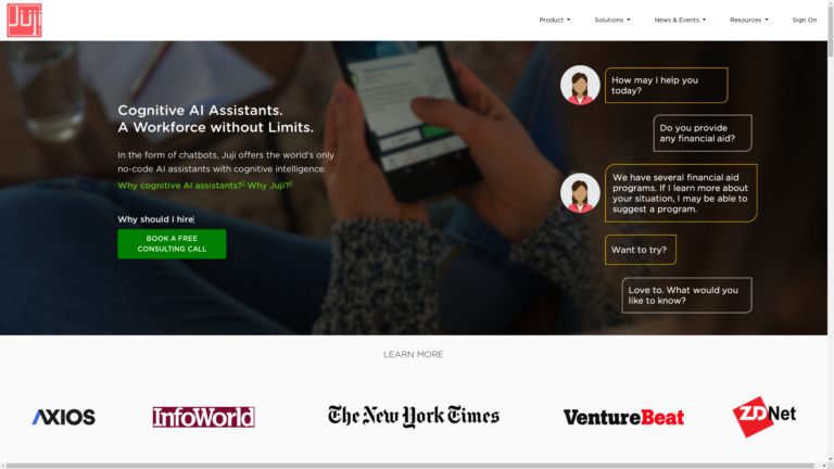 Capture d'écran de la page du site de Juji