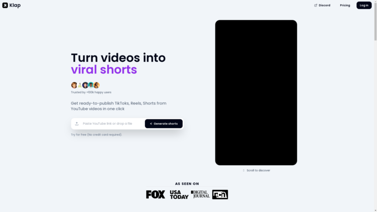 Capture d'écran de la page du site de Klap