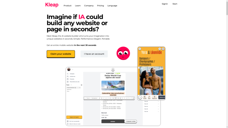 Capture d'écran de la page du site de Kleap