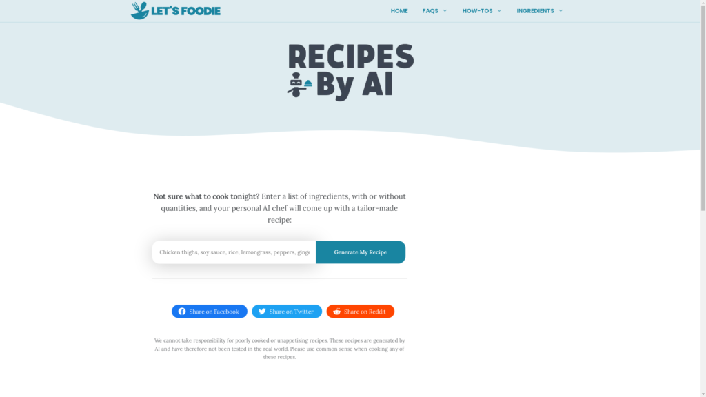 Capture d'écran de la page du site de Recipes By AI