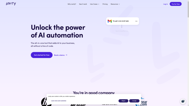 Capture d'écran de la page du site de Levity