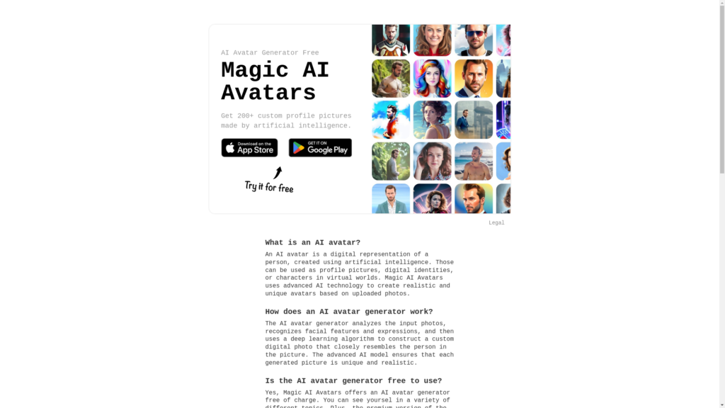 Capture d'écran de la page du site de Magic AI Avatars