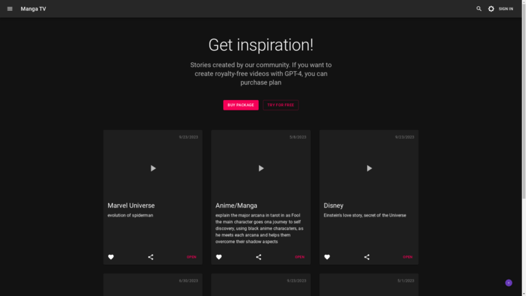 Capture d'écran de la page du site de Manga TV