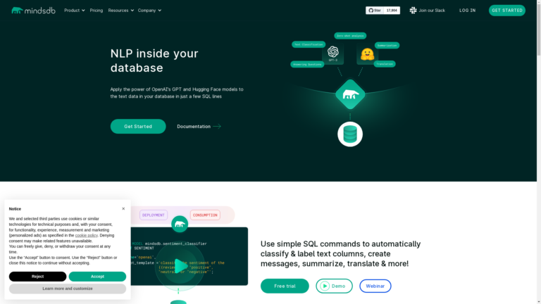 Capture d'écran de la page du site de MindsDB