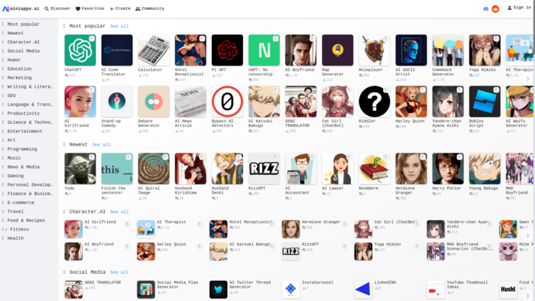 Capture d'écran de la page du site de Miniapps.ai