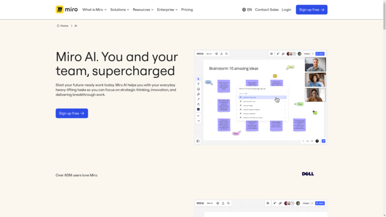 Capture d'écran de la page du site de Miro AI