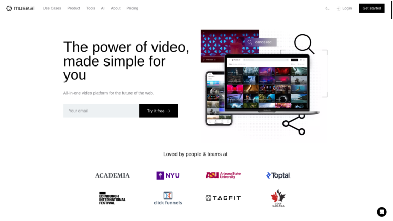 Capture d'écran de la page du site de Muse.ai