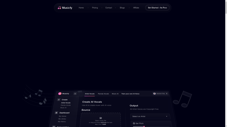 Capture d'écran de la page du site de Musicfy