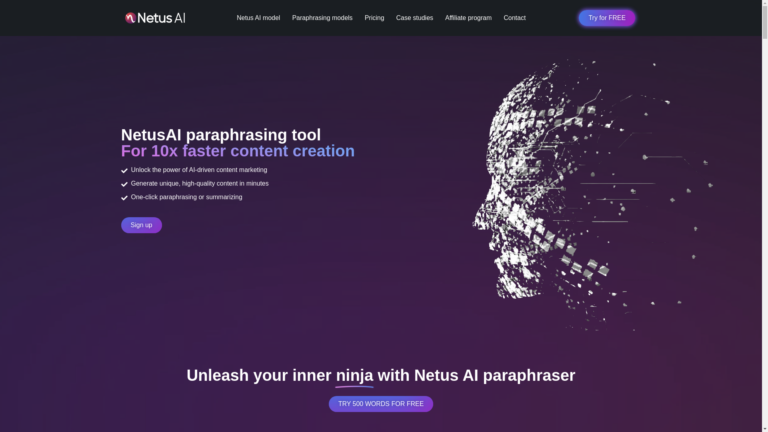 Capture d'écran de la page du site de Netus AI