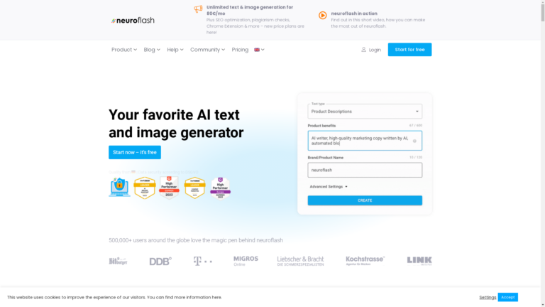 Capture d'écran de la page du site de Neuroflash