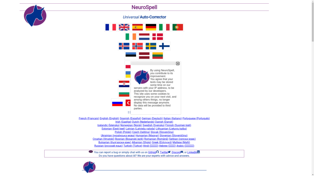 Capture d'écran de la page du site de NeuroSpell