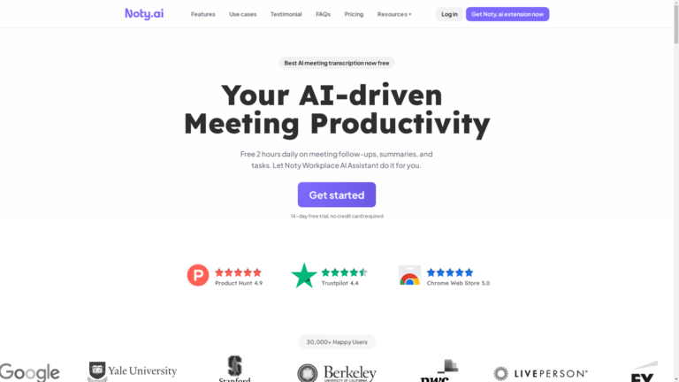 Capture d'écran de la page du site de Noty.ai