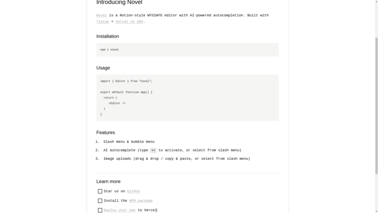 Capture d'écran de la page du site de Novel