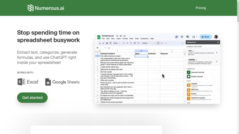 Capture d'écran de la page du site de Numerous.ai
