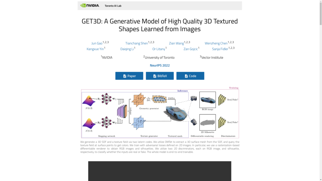 Capture d'écran de la page du site de GET3D (Nvidia)