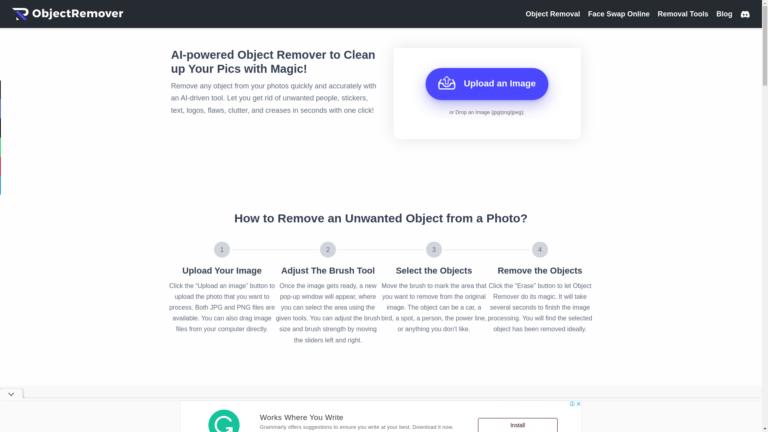 Capture d'écran de la page du site de Object Remover