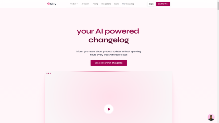 Capture d'écran de la page du site de Olvy Changelogs