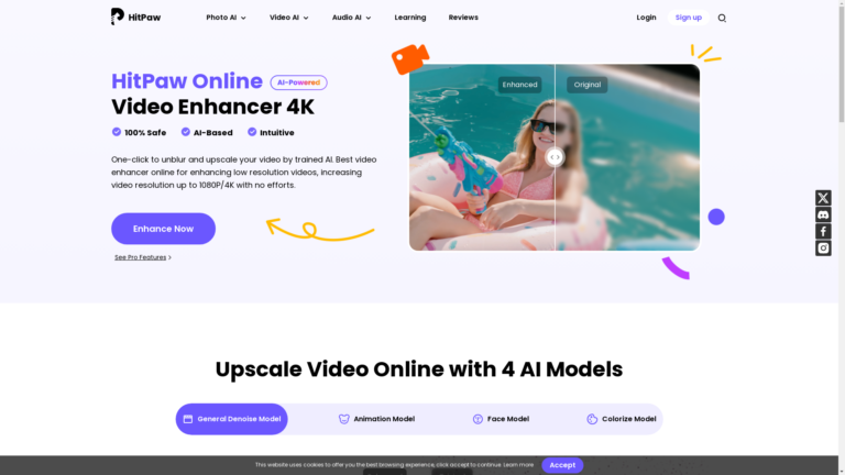 Capture d'écran de la page du site de HitPaw Online Video Enhancer