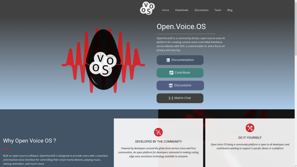 Capture d'écran de la page du site de Open Voice OS